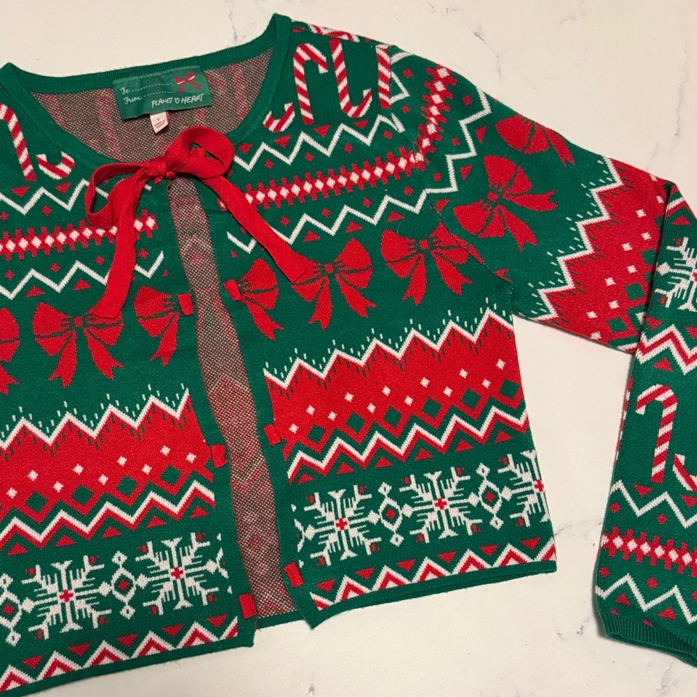 Planet Heart Fair Isle Red & Green Bow Holiday Sweater Cardigan Candycane Sz L